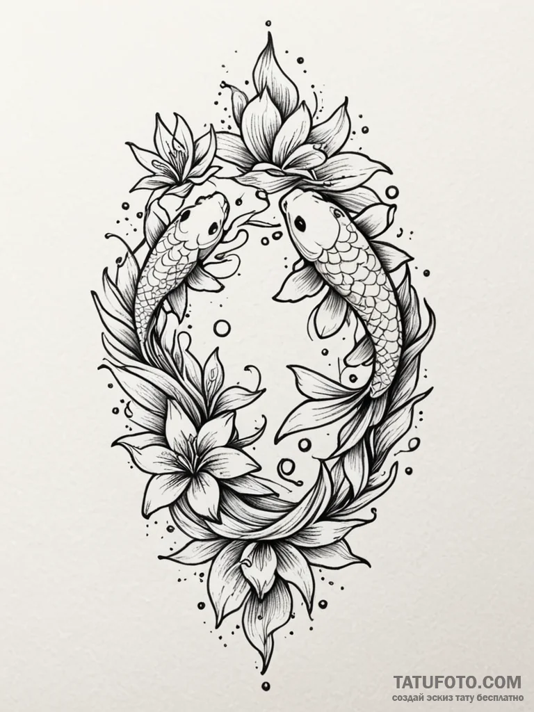 Orange koi circling lily pond, tattoo line ar… — эскиз тату (№1752532301_0, 14.07.2025 22:31) — Tatufoto.com