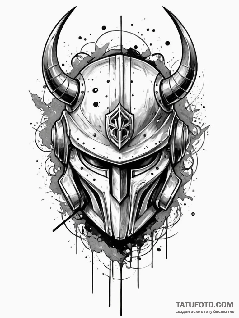 A detailed battle helmet with ancient symbols... - эскиз тату (№1752532386_0, 14.07.2025 22:33) — Tatufoto.com