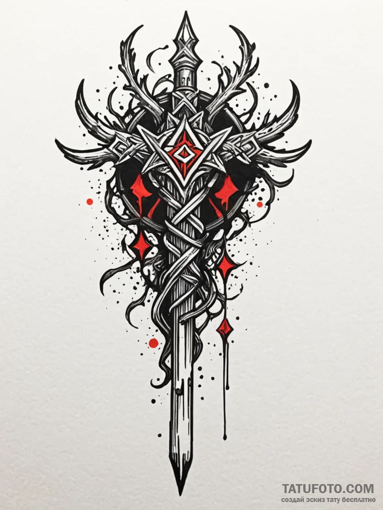 Oak staff crowned with runes, ink illustratio... - эскиз тату (№1752532896_0, 14.07.2025 22:41) — Tatufoto.com