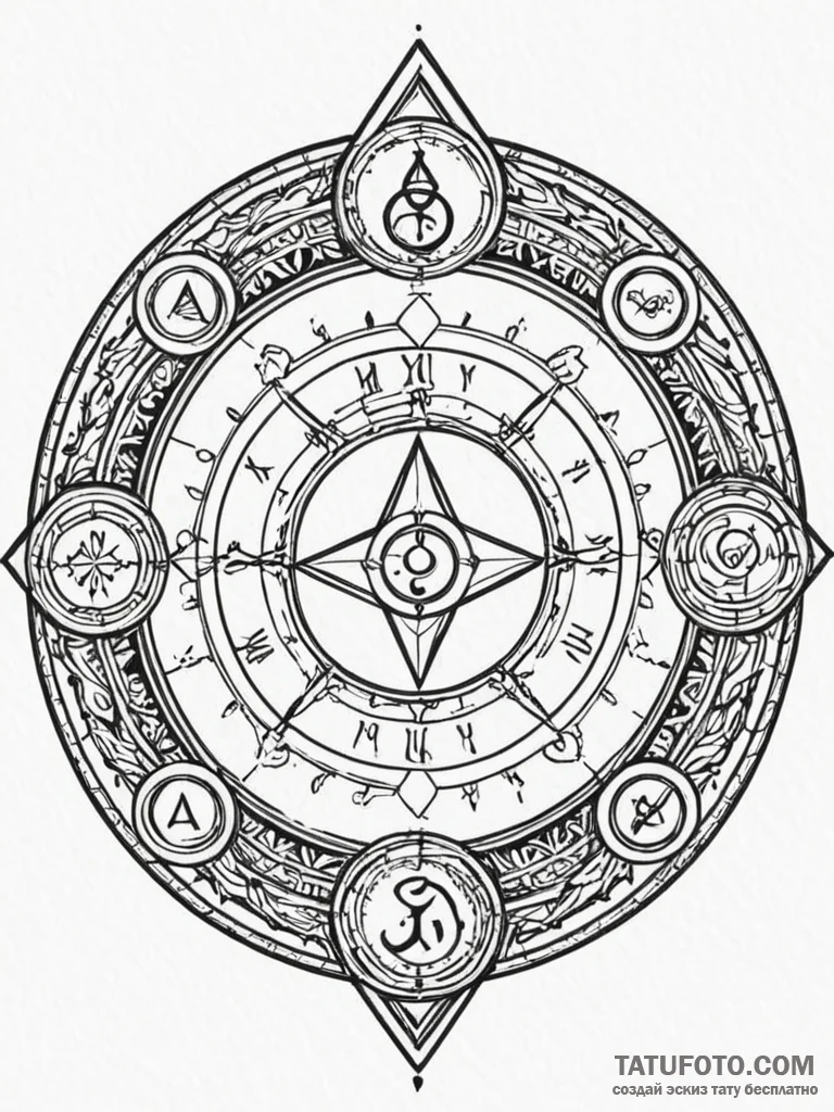 Alchemy circle with glowing runes, tattoo ske... - эскиз тату (№1752532982_0, 14.07.2025 22:43) — Tatufoto.com
