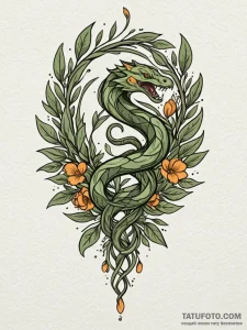 Olive branch entwined with a serpent, tattoo... - эскиз тату (№1752533239_0, 14.07.2025 22:47) — Tatufoto.com
