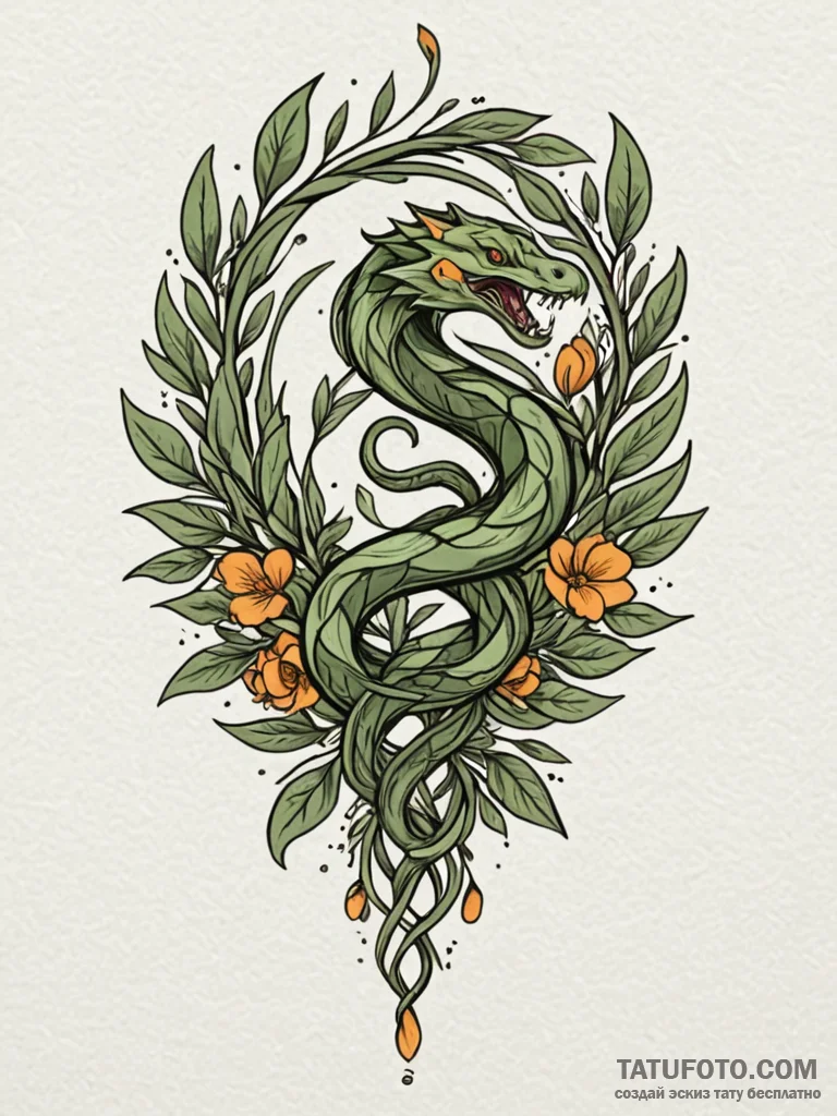 Olive branch entwined with a serpent, tattoo... - эскиз тату (№1752533239_0, 14.07.2025 22:47) — Tatufoto.com