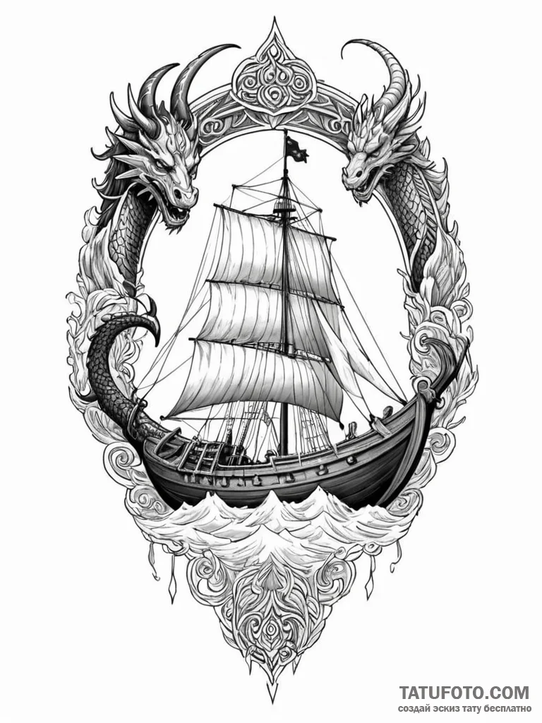 Viking longship with a dragon figurehead sail... - эскиз тату (№1752533325_0, 14.07.2025 22:48) — Tatufoto.com