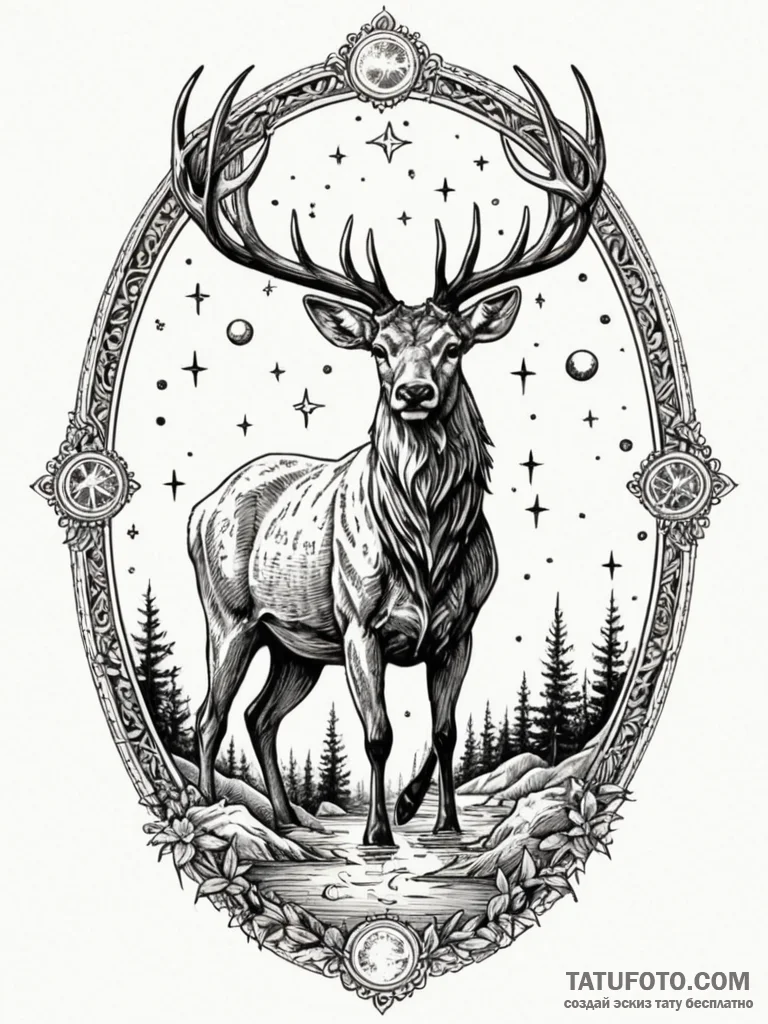 Angelic stag stepping through celestial pool,... - эскиз тату (№1752533410_0, 14.07.2025 22:50) — Tatufoto.com