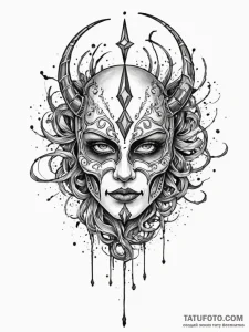 A detailed broken mask, revealed,, tattoo lin... - эскиз тату (№1752533667_0, 14.07.2025 22:54) — Tatufoto.com
