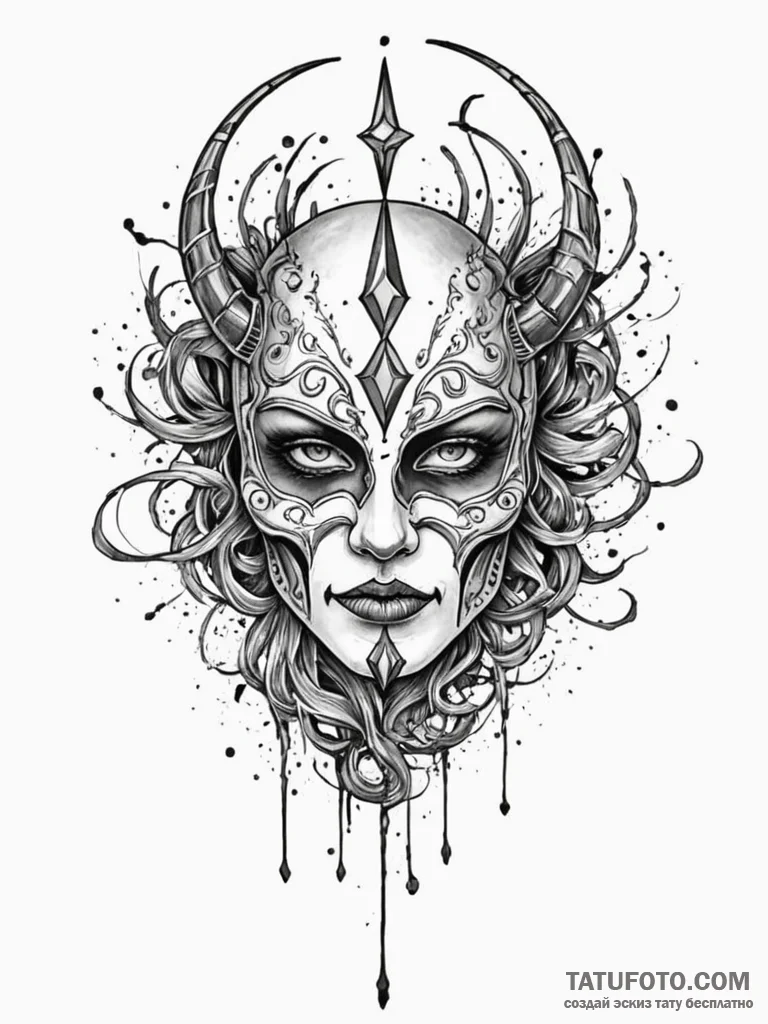 A detailed broken mask, revealed,, tattoo lin... - эскиз тату (№1752533667_0, 14.07.2025 22:54) — Tatufoto.com