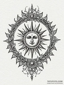 Sun wheel bound in thorned vines, ink illustr... - эскиз тату (№1752534433_0, 14.07.2025 23:07) — Tatufoto.com