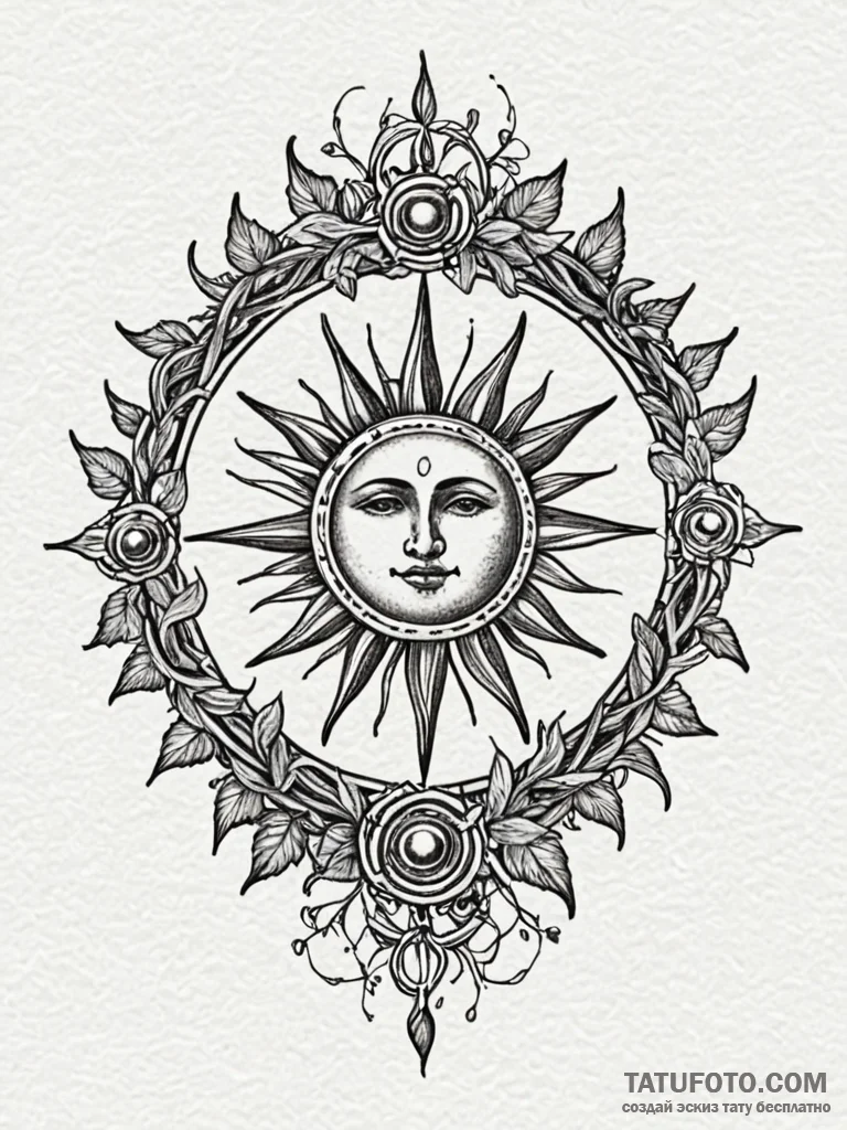 Sun wheel bound in thorned vines, ink illustr... - эскиз тату (№1752534433_0, 14.07.2025 23:07) — Tatufoto.com