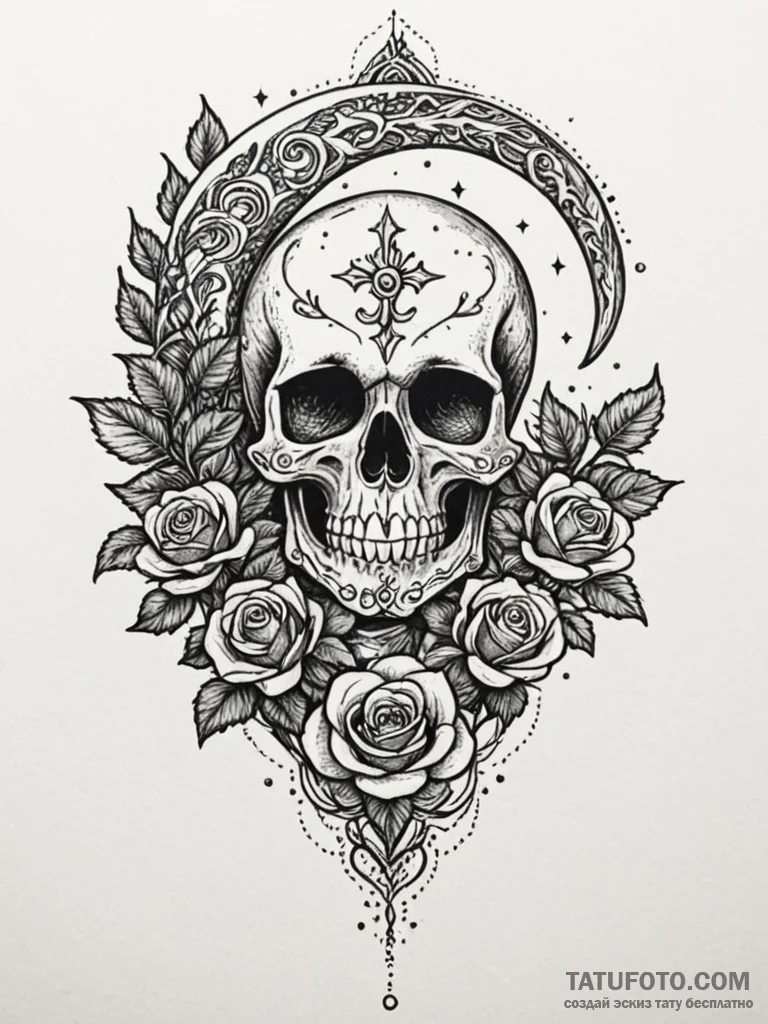 Oak flute singing to crescent moon, ink illus... - эскиз тату (№1752534520_0, 14.07.2025 23:08) — Tatufoto.com