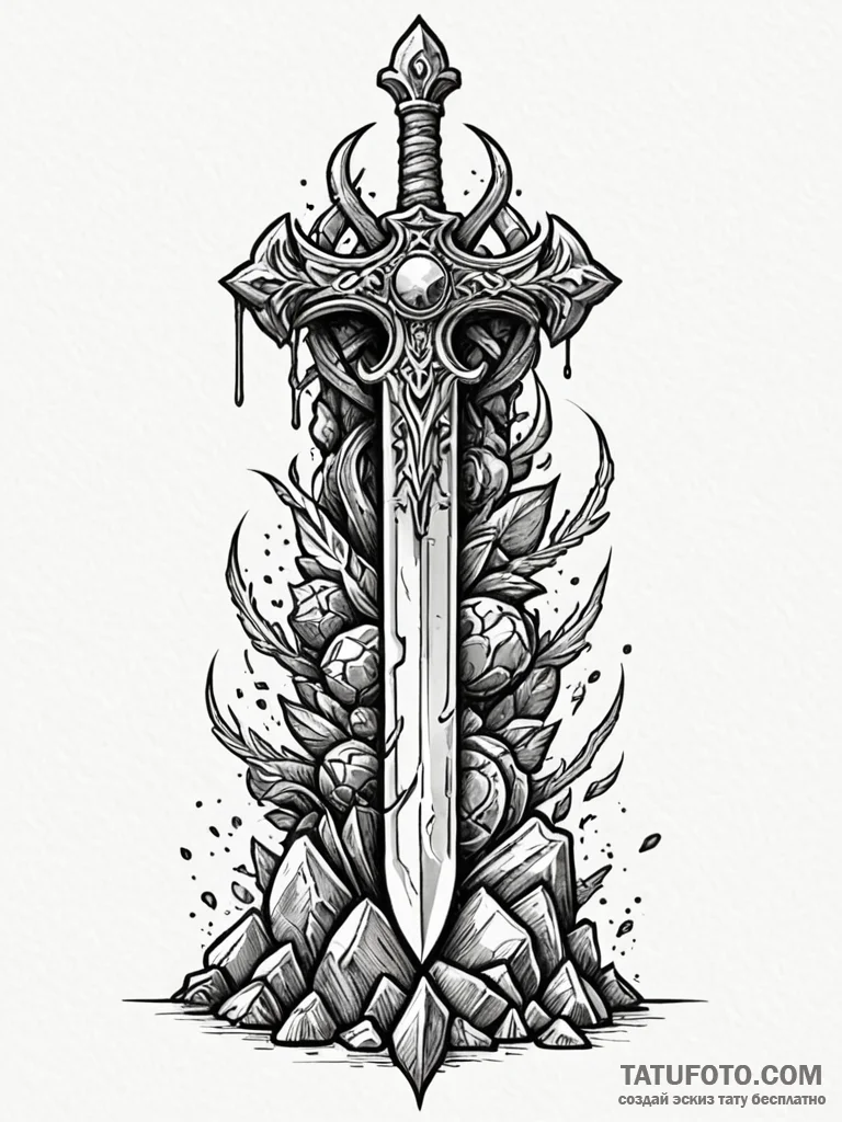 Orcish sword embedded in stone, ink illustrat... - эскиз тату (№1752534690_0, 14.07.2025 23:11) — Tatufoto.com