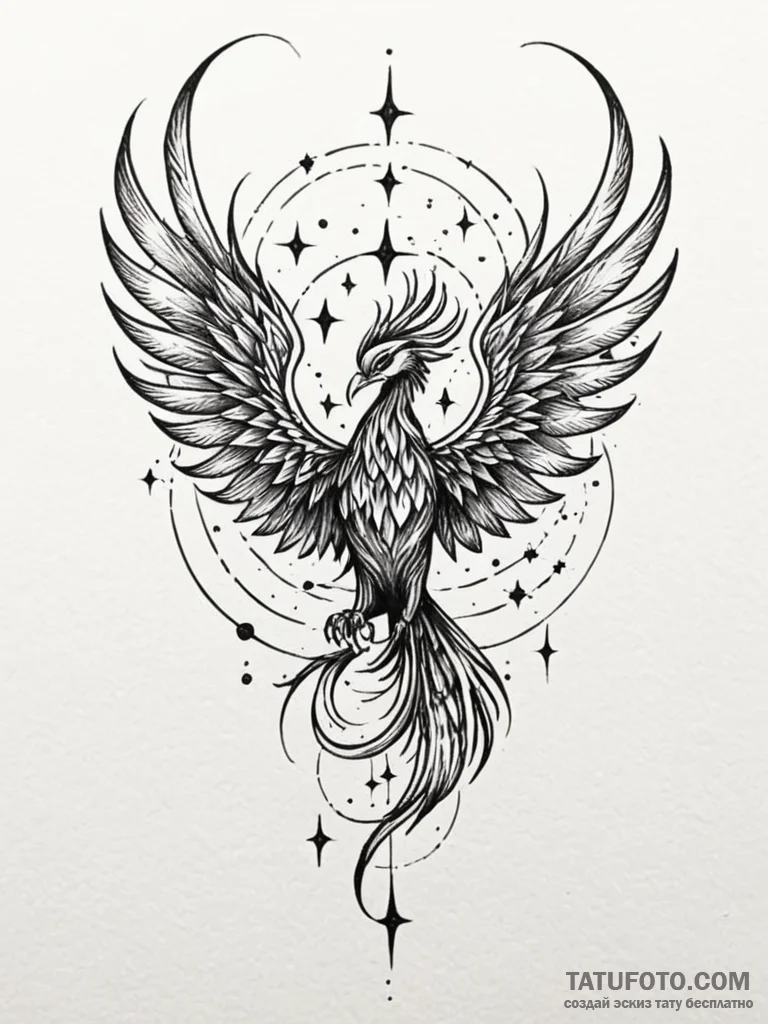 Astral phoenix dissolving into stars, tattoo... - эскиз тату (№1752536312_0, 14.07.2025 23:38) — Tatufoto.com