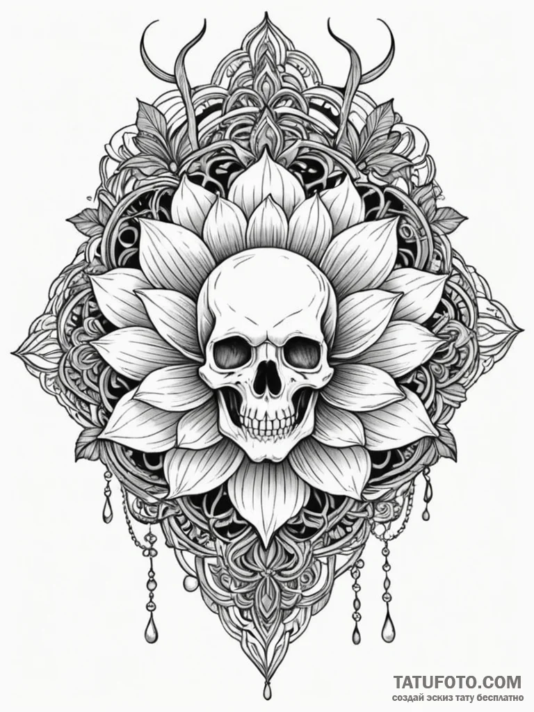 Jade lotus blooming from skull, tattoo line a... - эскиз тату (№1752536739_0, 14.07.2025 23:45) — Tatufoto.com