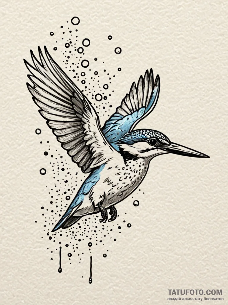 Kingfisher diving into black river, tattoo dr... - эскиз тату (№1752536826_0, 14.07.2025 23:47) — Tatufoto.com