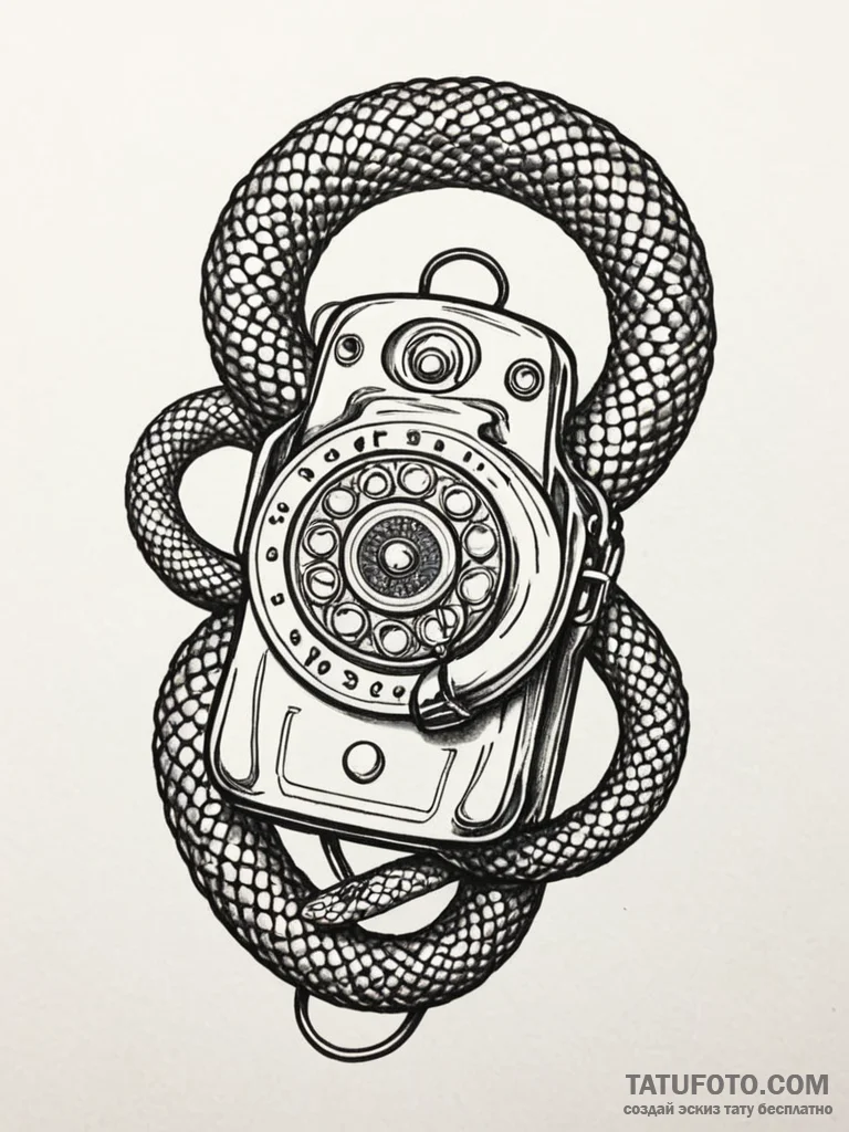 A telephone with its cord turning into a snak... - эскиз тату (№1752536912_0, 14.07.2025 23:48) — Tatufoto.com