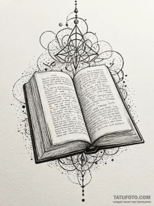 Open book with floating glyphs, tattoo line a... - эскиз тату (№1752538229_0, 15.07.2025 00:10) — Tatufoto.com