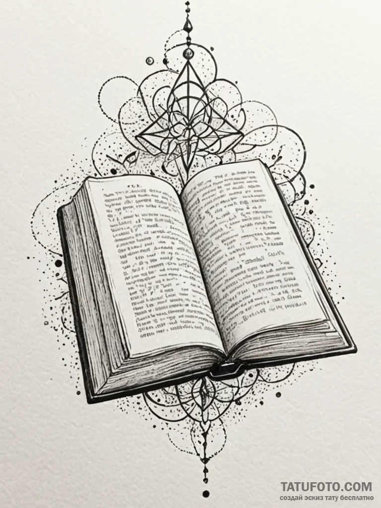 Open book with floating glyphs, tattoo line a... - эскиз тату (№1752538229_0, 15.07.2025 00:10) — Tatufoto.com