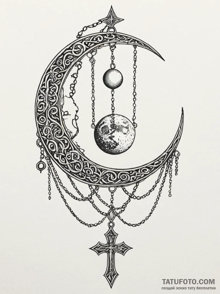 Etched chains holding moon fragment, concept... - эскиз тату (№1752538315_0, 15.07.2025 00:11) — Tatufoto.com