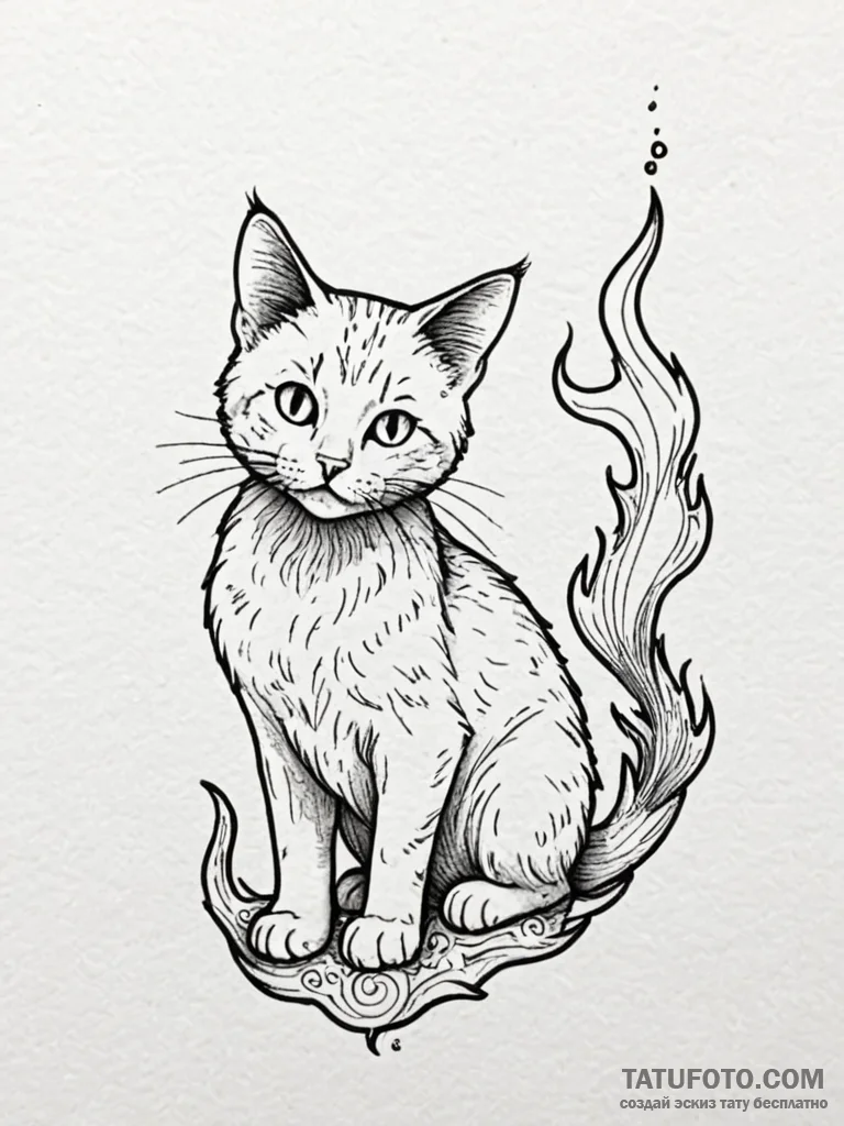 Cat with flame-tipped tail, artistic tattoo s... - эскиз тату (№1752539001_0, 15.07.2025 00:23) — Tatufoto.com