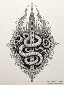 Ghost serpent through burning spire, tattoo s... - эскиз тату (№1752539258_0, 15.07.2025 00:27) — Tatufoto.com