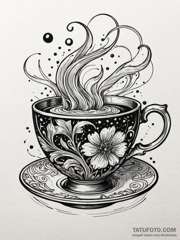 Galaxy swirling within a glass teacup, ink il... - эскиз тату (№1752539771_0, 15.07.2025 00:36) — Tatufoto.com