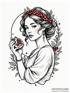 Persephone holding a pomegranate, seeds glowi... - эскиз тату (№1752541598_0, 15.07.2025 01:06) — Tatufoto.com