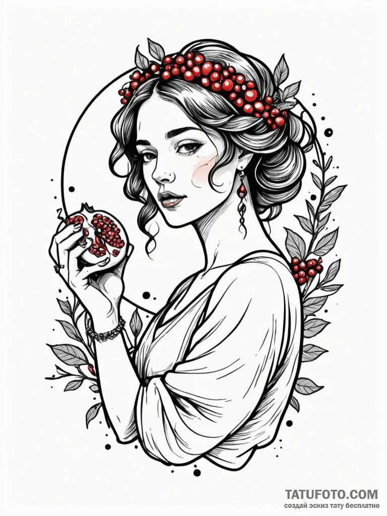 Persephone holding a pomegranate, seeds glowi... - эскиз тату (№1752541598_0, 15.07.2025 01:06) — Tatufoto.com