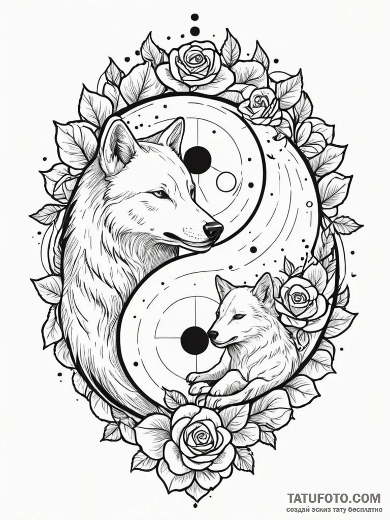 Yin-yang symbol made of a sleeping wolf and a... - эскиз тату (№1752542962_0, 15.07.2025 01:29) — Tatufoto.com