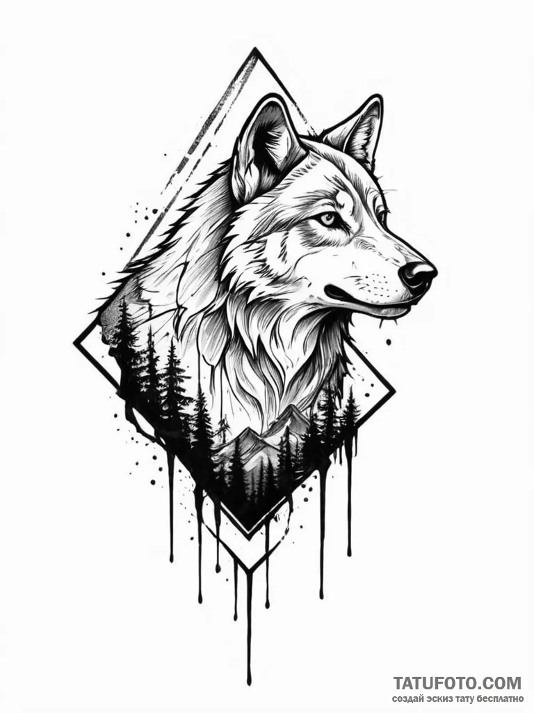 A wolf silhouette filled with a mountain rang... - эскиз тату (№1752543812_0, 15.07.2025 01:43) — Tatufoto.com