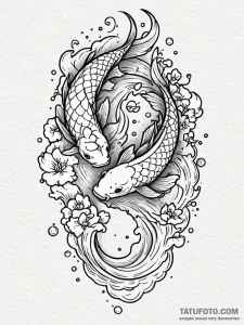 Koi fish swimming in starry void, tattoo draw... - эскиз тату (№1752545691_0, 15.07.2025 02:14) — Tatufoto.com