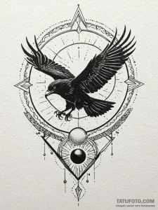 Storm raven beneath eclipsed sun, ink illustr... - эскиз тату (№1752546032_0, 15.07.2025 02:20) — Tatufoto.com