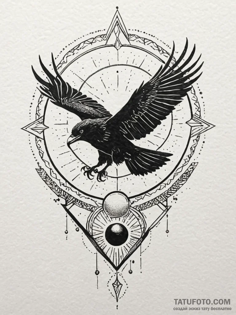 Storm raven beneath eclipsed sun, ink illustr... - эскиз тату (№1752546032_0, 15.07.2025 02:20) — Tatufoto.com
