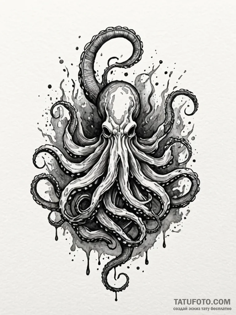 Kraken shadow beneath burning sky, ink illust... - эскиз тату (№1752546117_0, 15.07.2025 02:21) — Tatufoto.com