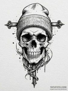 Skull wearing a beanie hat, tattoo sketch des... - эскиз тату (№1752546287_0, 15.07.2025 02:24) — Tatufoto.com