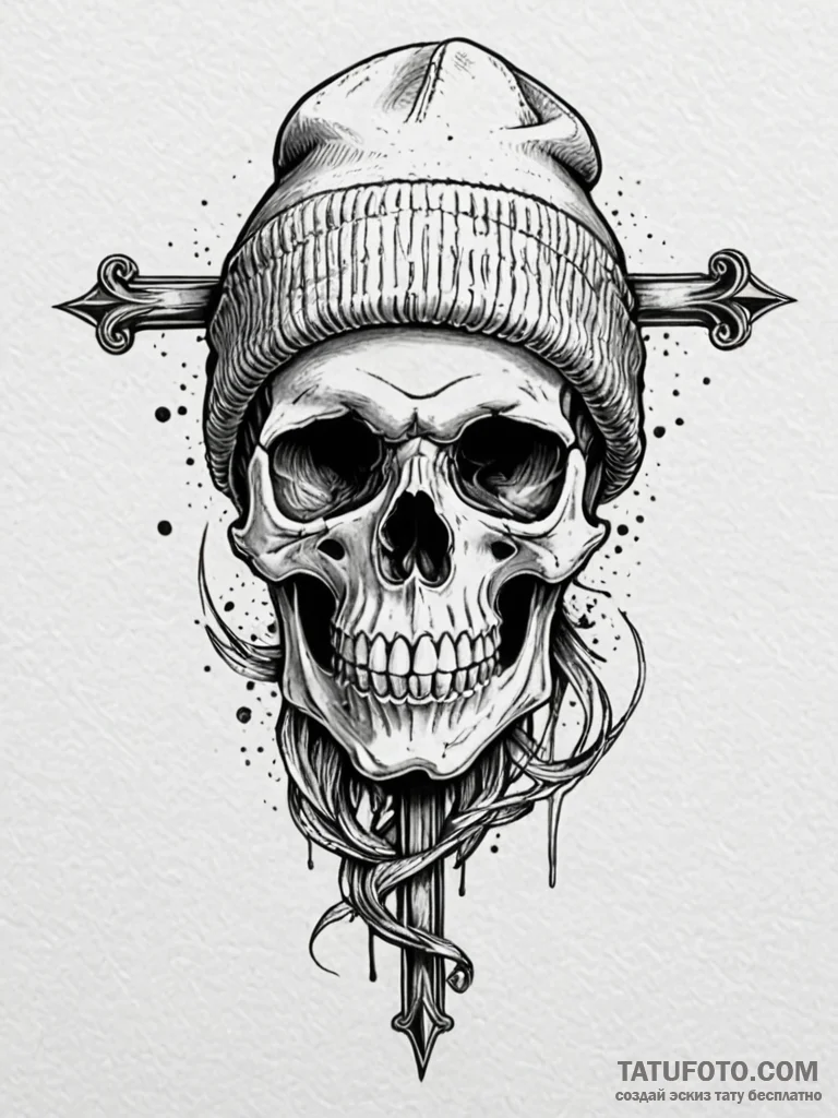 Skull wearing a beanie hat, tattoo sketch des... - эскиз тату (№1752546287_0, 15.07.2025 02:24) — Tatufoto.com