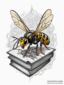 Paper wasp building a nest from shredded book... - эскиз тату (№1752546713_0, 15.07.2025 02:31) — Tatufoto.com