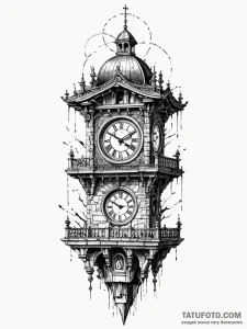 A detailed broken clock tower, timeless,, tat... - эскиз тату (№1752547138_0, 15.07.2025 02:38) — Tatufoto.com