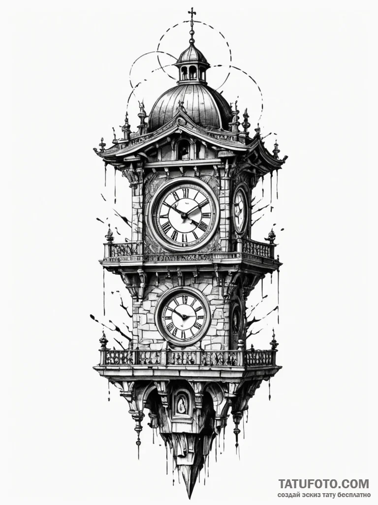 A detailed broken clock tower, timeless,, tat... - эскиз тату (№1752547138_0, 15.07.2025 02:38) — Tatufoto.com
