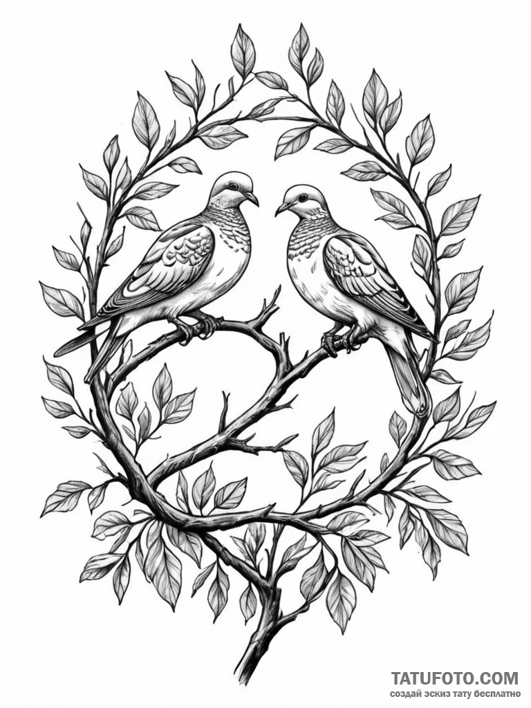 Turtle dove pair, perched on a branch togethe... - эскиз тату (№1752548072_0, 15.07.2025 02:54) — Tatufoto.com