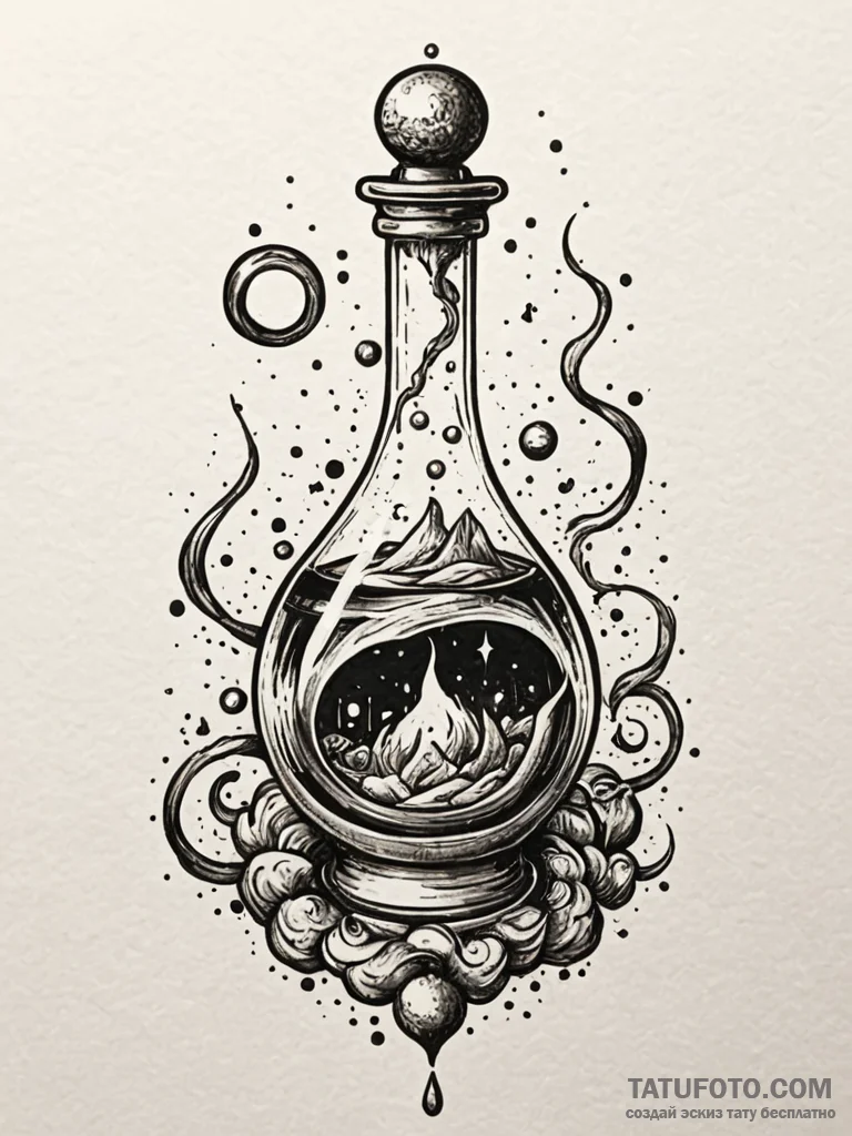 Potion vial swirling with light, ink illustra... - эскиз тату (№1752548158_0, 15.07.2025 02:55) — Tatufoto.com