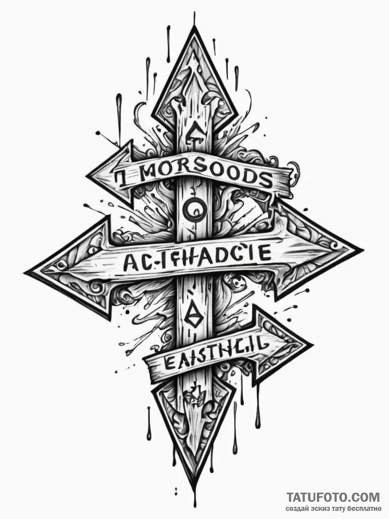 Crossroads signpost pointing to impossible pl… — эскиз тату (№1752548498_0, 15.07.2025 03:01) — Tatufoto.com