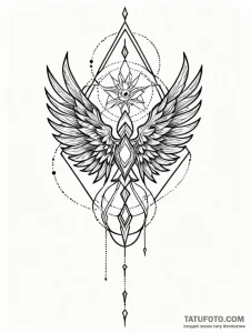 Sunlit wings beneath shattered spire, tattoo... - эскиз тату (№1752548671_0, 15.07.2025 03:04) — Tatufoto.com