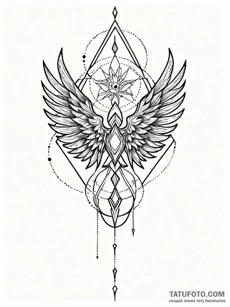 Sunlit wings beneath shattered spire, tattoo... - эскиз тату (№1752548671_0, 15.07.2025 03:04) — Tatufoto.com