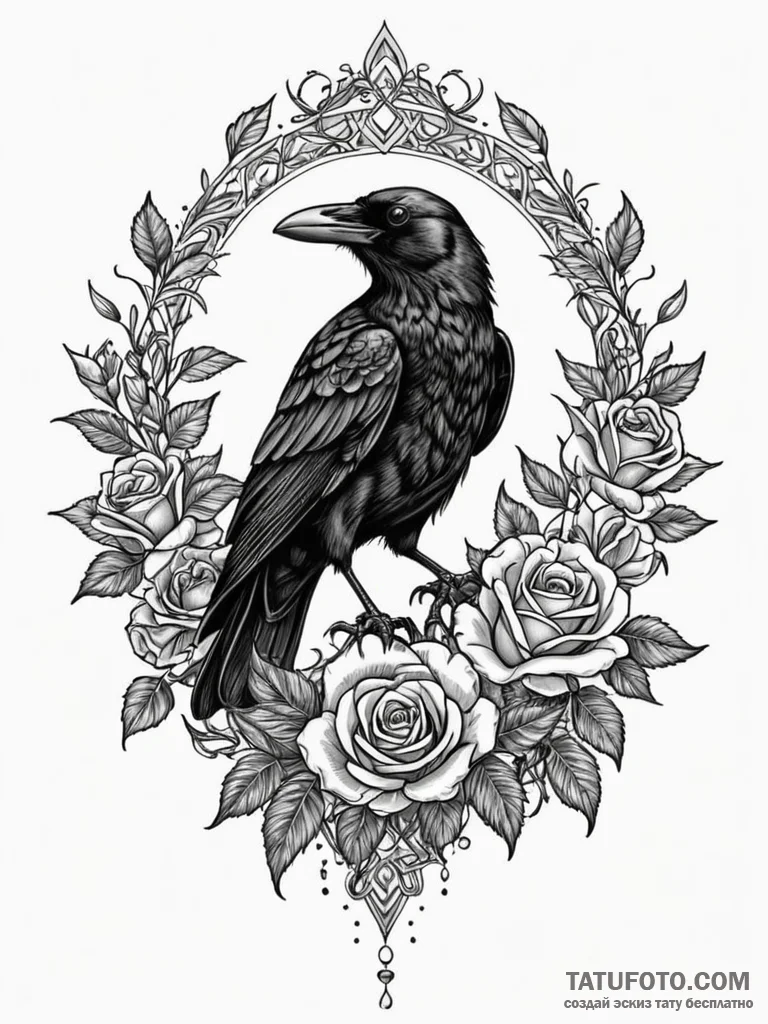 A taxidermy crow, artistic tattoo sketch, bla... - эскиз тату (№1752548757_0, 15.07.2025 03:05) — Tatufoto.com