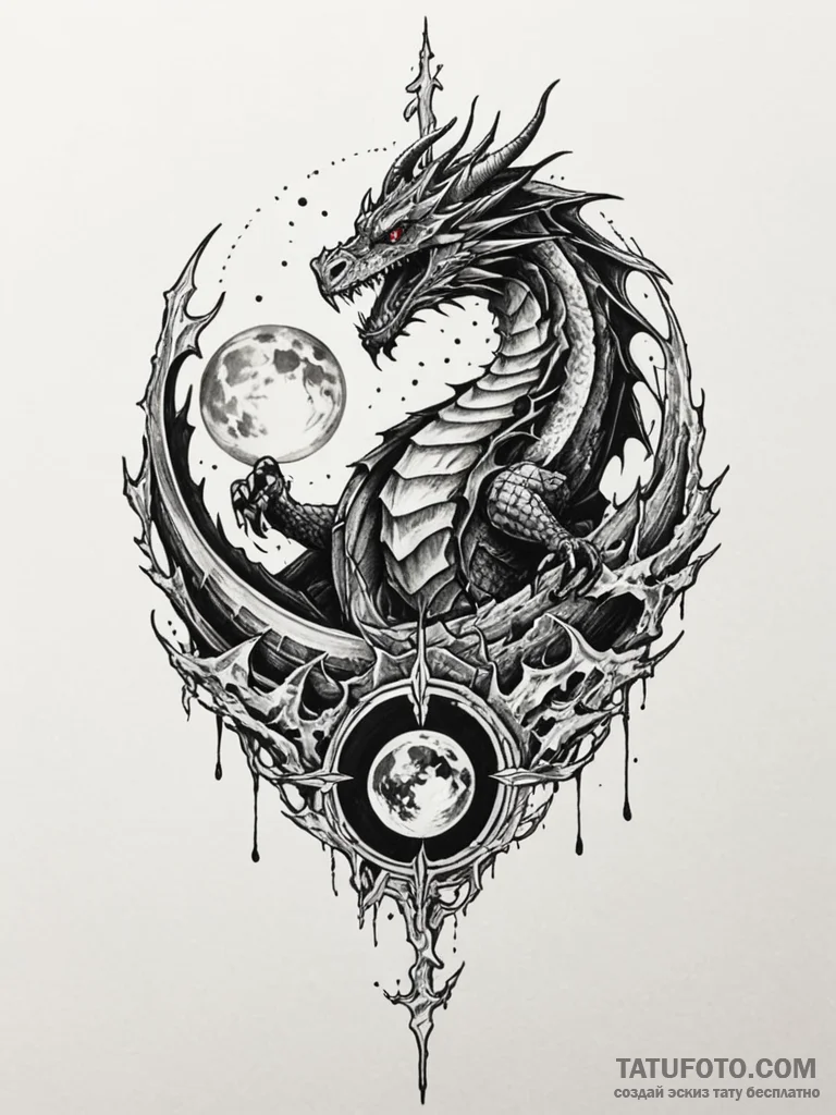 Dragon rider beneath shattered moon, tattoo f... - эскиз тату (№1752548927_0, 15.07.2025 03:08) — Tatufoto.com