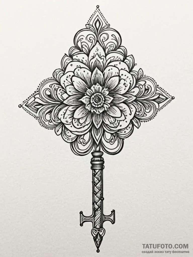 Ancient key with floral patterns, tattoo draw... - эскиз тату (№1752549012_0, 15.07.2025 03:10) — Tatufoto.com