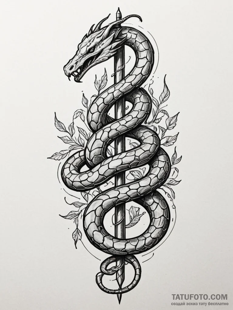 Arcane serpent wrapped around staff, artistic... - эскиз тату (№1752549356_0, 15.07.2025 03:15) — Tatufoto.com