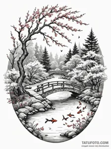 A tranquil asian garden with a stone bridge o... - эскиз тату (№1752550129_0, 15.07.2025 03:28) — Tatufoto.com