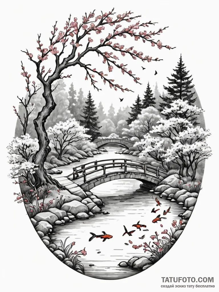 A tranquil asian garden with a stone bridge o... - эскиз тату (№1752550129_0, 15.07.2025 03:28) — Tatufoto.com