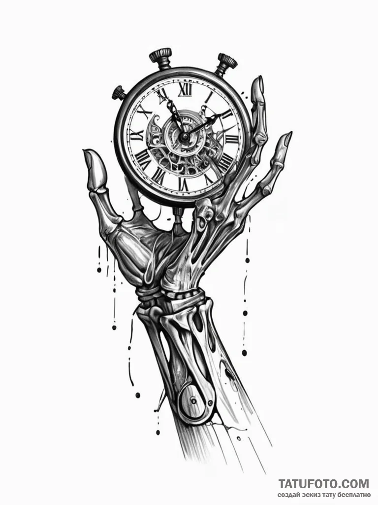 Arm of clock with skeletal hand, concept art... - эскиз тату (№1752550387_0, 15.07.2025 03:33) — Tatufoto.com