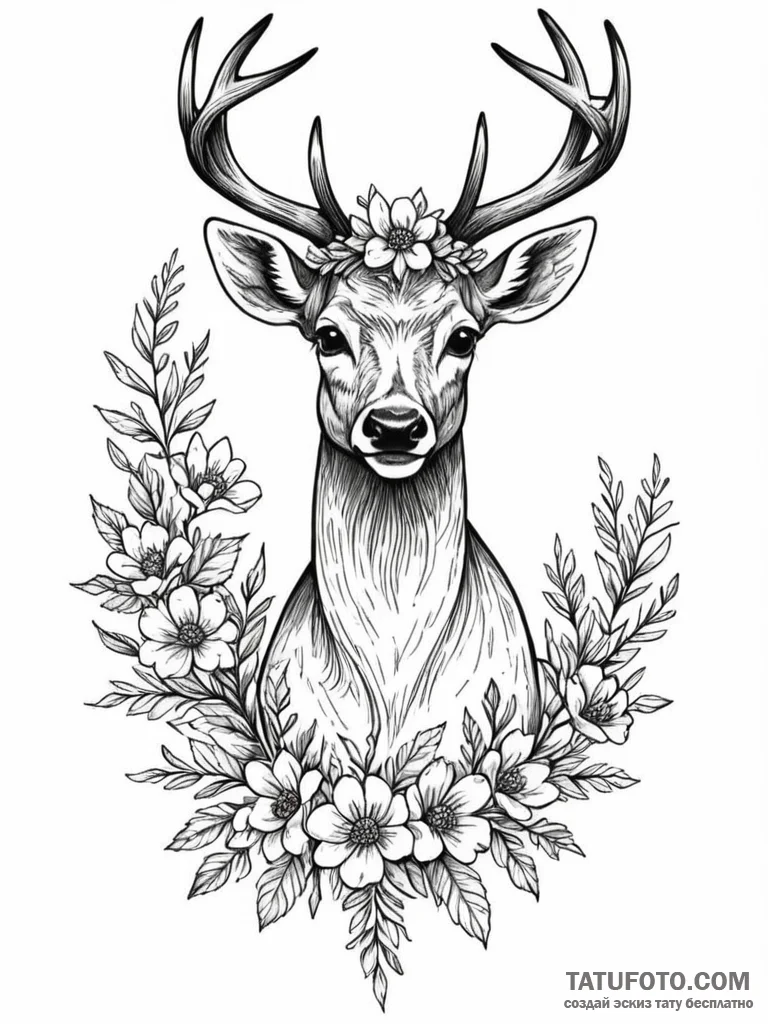 Angel deer crowned with flowers, ink illustra... - эскиз тату (№1752550643_0, 15.07.2025 03:37) — Tatufoto.com